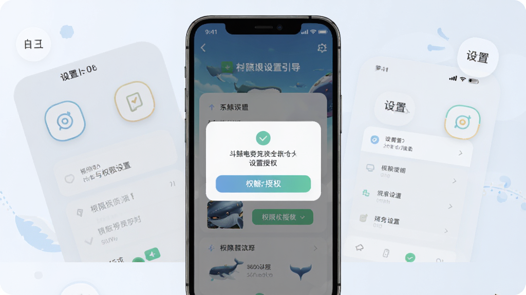 斗鲸电竞新手安装与权限设置引导界面展示图,画面为手机屏幕呈现权限授权弹窗与设置步骤示意,界面简洁清晰,配色柔和,布局层次分明,细节丰富,画质高清,画面干净,无多余元素
