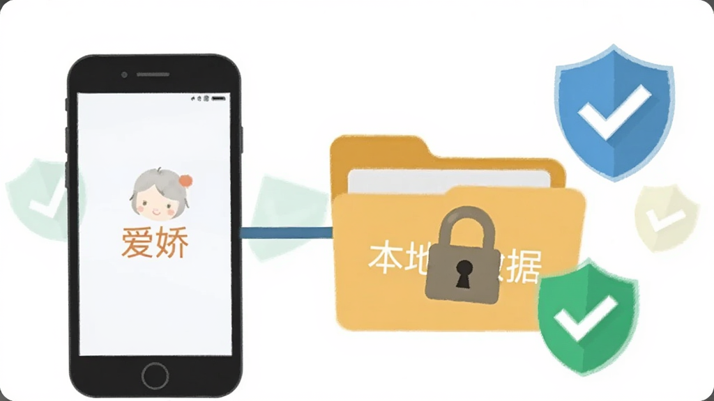 画面展示“爱娇”应用的本地数据存储示意,一部手机与一个带锁的文件夹图标相连,文件夹上标注“本地数据”,周围有盾牌与对勾符号,扁平化设计风格,主体居中,背景为白色与浅绿色,画质清晰,无杂乱元素