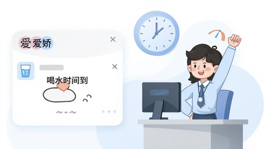 一张横向构图的插画,左侧是“爱娇”应用的通知提醒卡片,卡片上写着“喝水时间到”,右侧是卡通人物在办公桌前起身伸展,背景有淡蓝色时钟元素,风格清新简洁,排版左图右文,画质干净高清