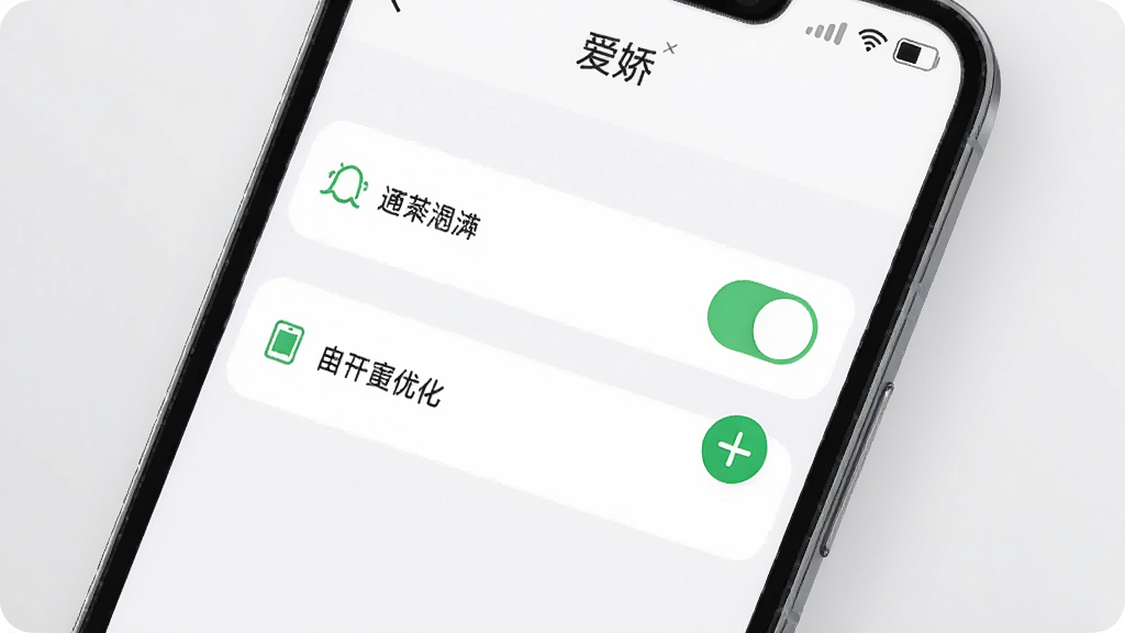 一部手机屏幕显示“爱娇”应用设置页面,页面中有通知权限开关与电池优化选项,旁边有一个绿色对勾图标,画面风格简洁明快,主体突出手机与设置界面,背景为浅灰色,画质高清干净
