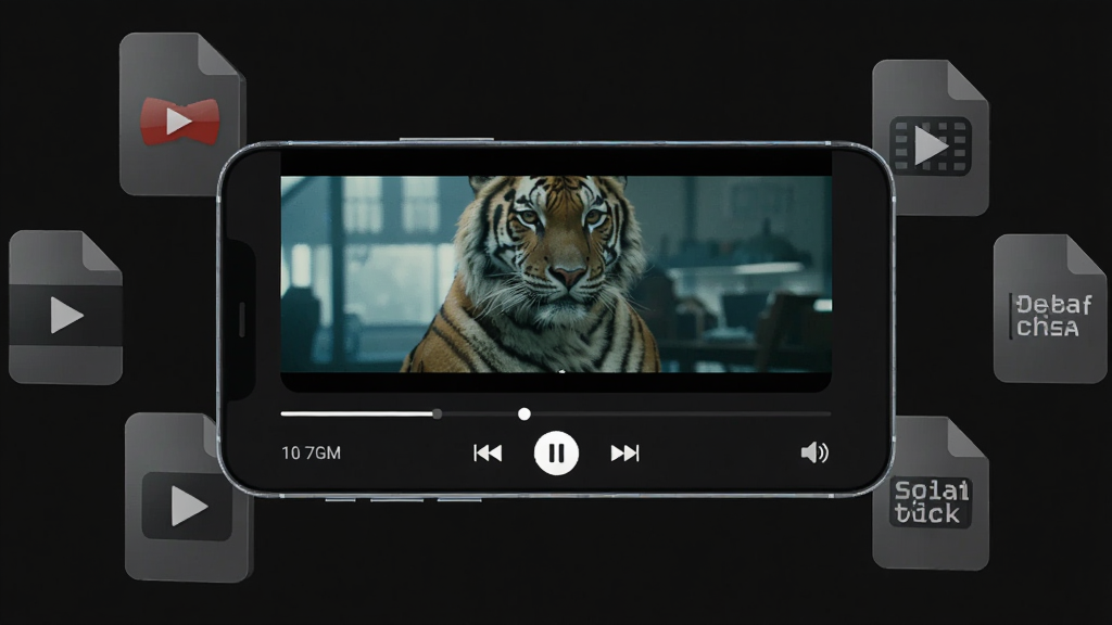 画面主体是一部智能手机横向握持,屏幕中显示 TigerPlayer 播放器的深色播放界面,画面上方是正在播放的电影画面,底部有进度条和播放控制按钮,手机周围悬浮着多个半透明的视频文件图标和字幕文件图标,布局为手机居中、元素环绕,风格为科技感深色系UI展示,细节包含清晰的播放按钮、时间轴、音量图标,画质高清,画面干净,无多余元素