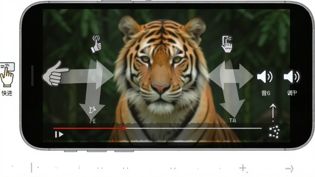 TigerPlayer 移动端手势操作示意图,手机屏幕显示视频播放画面,画面上叠加半透明的手势轨迹箭头,左侧箭头表示快进,右侧箭头表示音量调节,布局为手机正面展示,风格为扁平化UI说明图,细节包含手势箭头和对应功能小图标,画质高清,画面干净,无多余元素