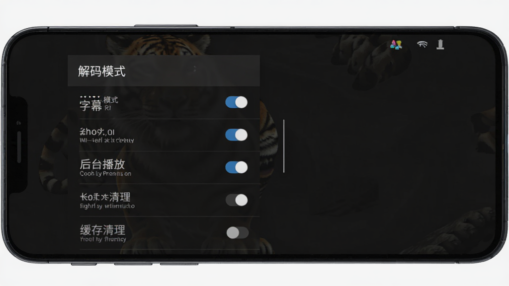 TigerPlayer 播放器设置界面展示,手机屏幕显示深色主题的设置菜单列表,包含解码模式、字幕设置、后台播放、缓存清理等选项,布局为手机正面竖屏展示,风格为简洁深色UI,细节包含清晰的菜单文字和开关按钮,画质高清,画面干净,无多余元素