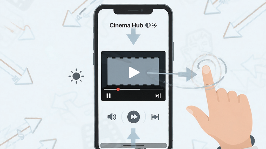 一张表现“Cinema Hub”手势控制功能的示意图,主体为手机播放界面与手势轨迹线条,布局为中央播放窗口、四周分布滑动方向箭头,排版直观,风格为扁平化浅色界面,细节包含亮度图标、音量图标与快进标识,画质清晰,干净,无多余元素