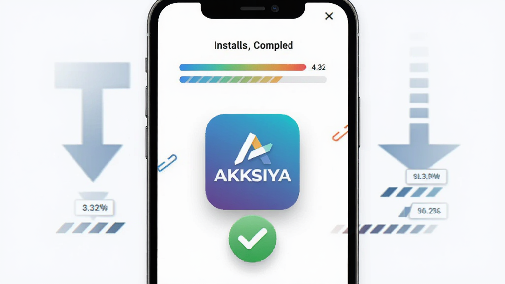 主体为AKKSIYA软件安装进度界面特写,手机屏幕显示安装完成提示与