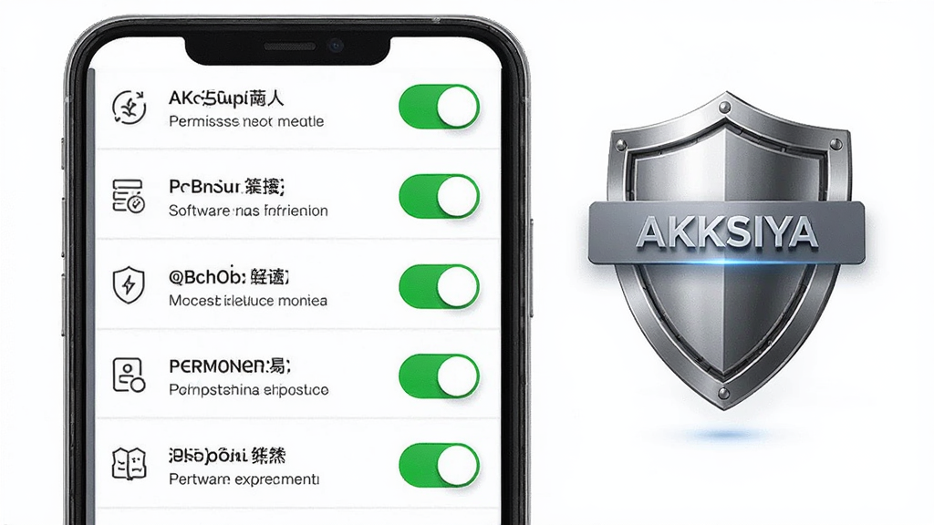主体为AKKSIYA软件权限管理界面示意图,手机屏幕显示权限列表与开关按钮,每条权限旁配有简短说明文字,布局为手机正面展示、右侧漂浮盾牌图标与