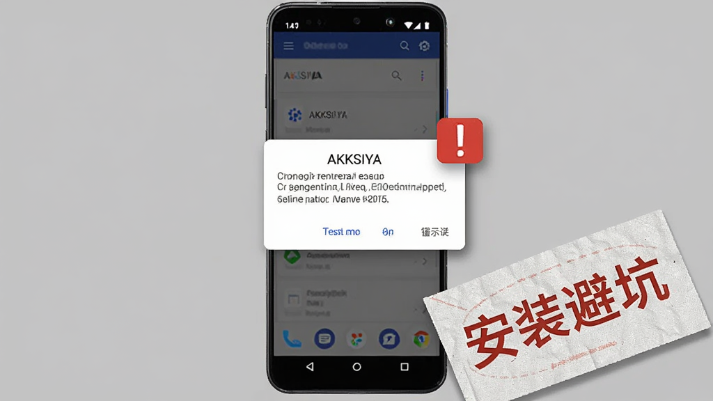主体为一部安卓手机屏幕显示AKKSIYA软件错误提示弹窗,弹窗旁有红色感叹号图标,手机下方放置一张写有
