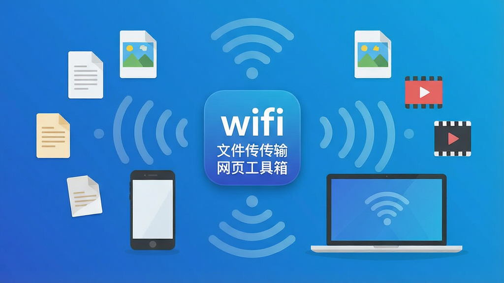 一张展示智能手机与笔记本电脑通过WiFi信号无线连接的概念图,画面中央悬浮着