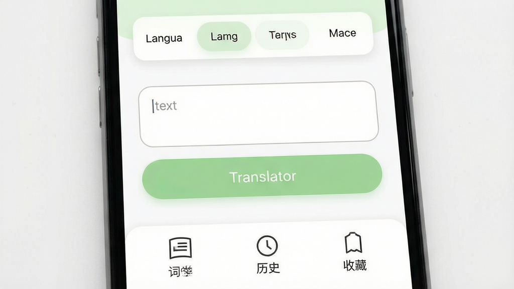 手机屏幕特写,显示翻译软件首页界面,顶部为语言选择栏,中部为文本输入框和翻译按钮,底部为词典、历史、收藏三个功能图标,界面配色为白色与浅绿色搭配,布局为居中对称,风格为现代简约UI设计,细节包括按钮圆角和图标线条,画质高清,画面干净,无多余元素