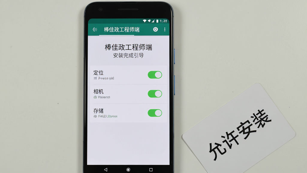 画面主体是一部安卓手机屏幕显示“棒佳政工程师端”安装完成后的权限设置引导页,页面列出定位、相机、存储三项权限开关,手机旁边放置一张写有“允许安装”字样的提示卡片,布局为手机居中、卡片斜放右下角,风格为简洁说明图风,细节上开关按钮为绿色高亮、文字清晰可读,画质干净、无多余元素