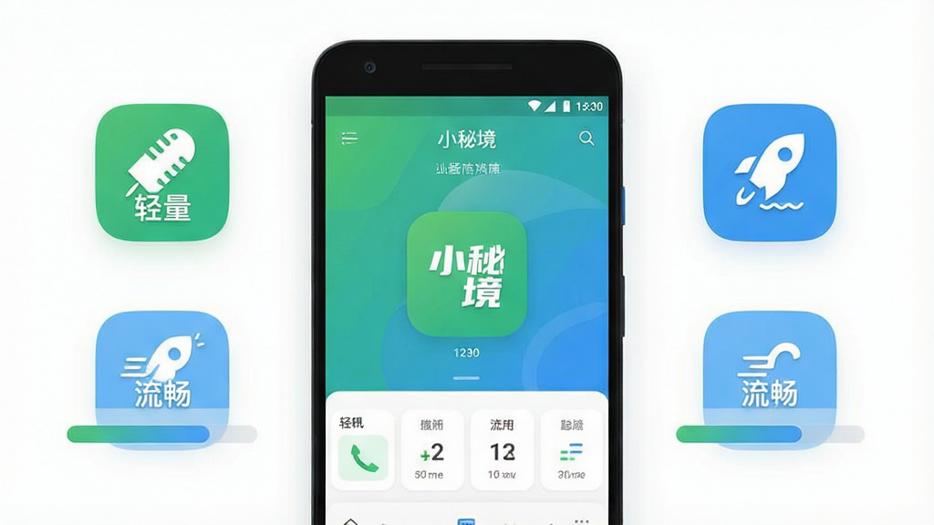 一张手机应用性能展示图,画面中央是一部安卓手机,手机屏幕显示小秘境应用运行界面,屏幕旁边悬浮着表示“轻量”“流畅”的图标与进度条元素,布局为手机居中、图标分列两侧,风格为清爽扁平化设计,细节包括绿色与蓝色配色、简洁线条、圆角图标,画质高清,画面干净,无多余元素