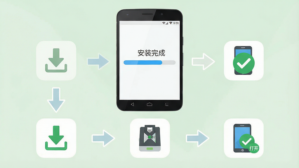 一张手机应用安装步骤示意图,画面主体为一部安卓手机,手机屏幕显示安装进度条与“安装完成”提示,手机旁边排列着三个步骤图标分别代表下载、安装、打开,布局为手机居中、步骤图标横向排列于下方,风格为简洁扁平化教程插画,细节包括蓝色进度条、绿色对勾图标、清晰箭头指示,画质高清,画面干净,无多余元素