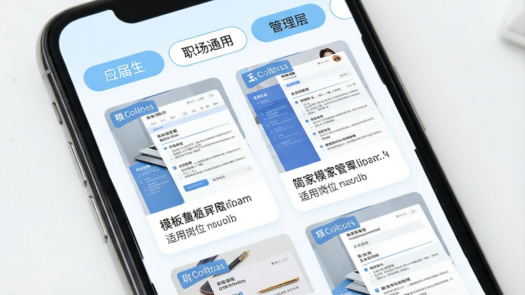 简历制作管家模板库页面展示图,画面为手机应用界面特写,顶部有“应届生”“职场通用”“管理层”等标签按钮,中部为两列简历缩略图网格,每张缩略图下方标注模板名称与适用岗位,界面配色为浅蓝与白色搭配,布局整齐,风格清新简洁,细节清晰,画质干净,无多余元素