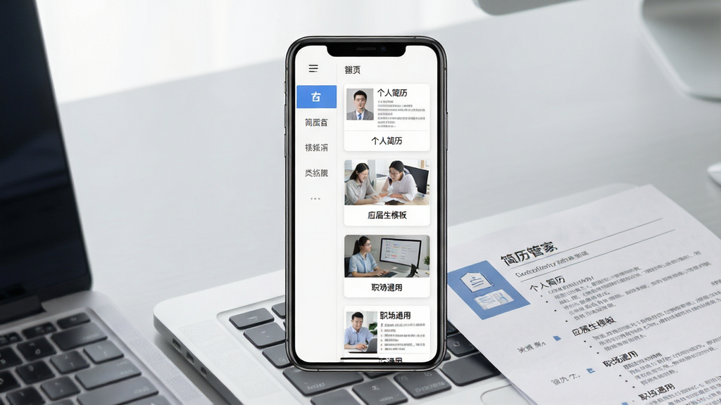 一张手机屏幕展示简历制作管家应用界面的场景图,画面中央是一部竖屏智能手机,屏幕上显示简历模板选择页面,左侧为分类导航栏,右侧为多张简历缩略图卡片,卡片上有“个人简历”“应届生模板”“职场通用”等文字标签,手机下方放置一台笔记本电脑和一份打印好的纸质简历,背景为浅灰色办公桌面,整体风格简洁商务,光线柔和均匀,细节清晰,画质干净,无多余元素
