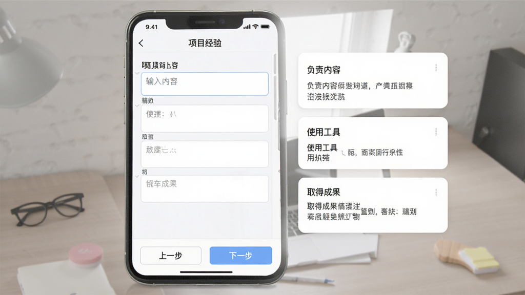 简历制作管家填写引导界面图,手机屏幕显示项目经验填写页面,左侧为输入框,右侧为示例卡片,卡片上写有“负责内容”“使用工具”“取得成果”等引导文字,界面底部有“上一步”“下一步”按钮,整体风格清爽,配色柔和,布局清晰,画质干净,无多余元素