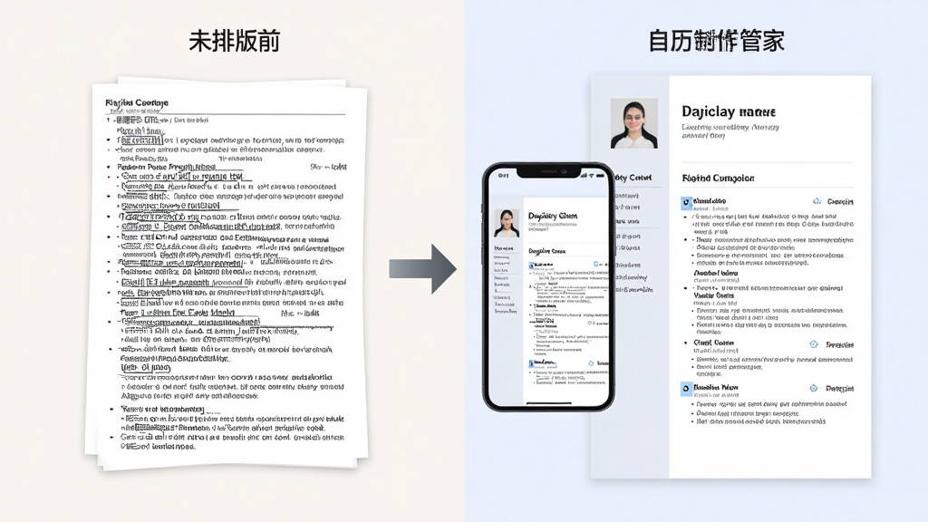 简历制作管家自动排版效果对比图,画面左侧为未排版前的文字堆叠状态,右侧为排版后的整齐简历页面,中间有箭头指向,手机屏幕展示排版完成后的简历预览,版式干净,标题与正文层级分明,背景为浅色,风格简约,细节清晰,画质干净,无多余元素