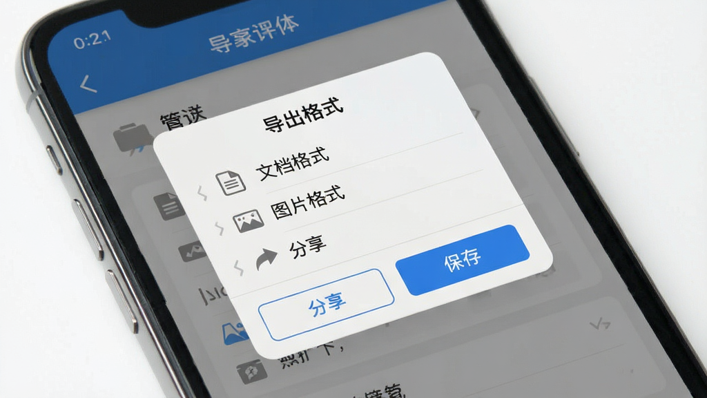 简历制作管家导出分享界面图,手机屏幕显示导出格式选择弹窗,选项包括“文档格式”“图片格式”等,下方有“分享”“保存”按钮,界面配色为浅灰与蓝色,布局简洁,风格商务,细节清晰,画质干净,无多余元素