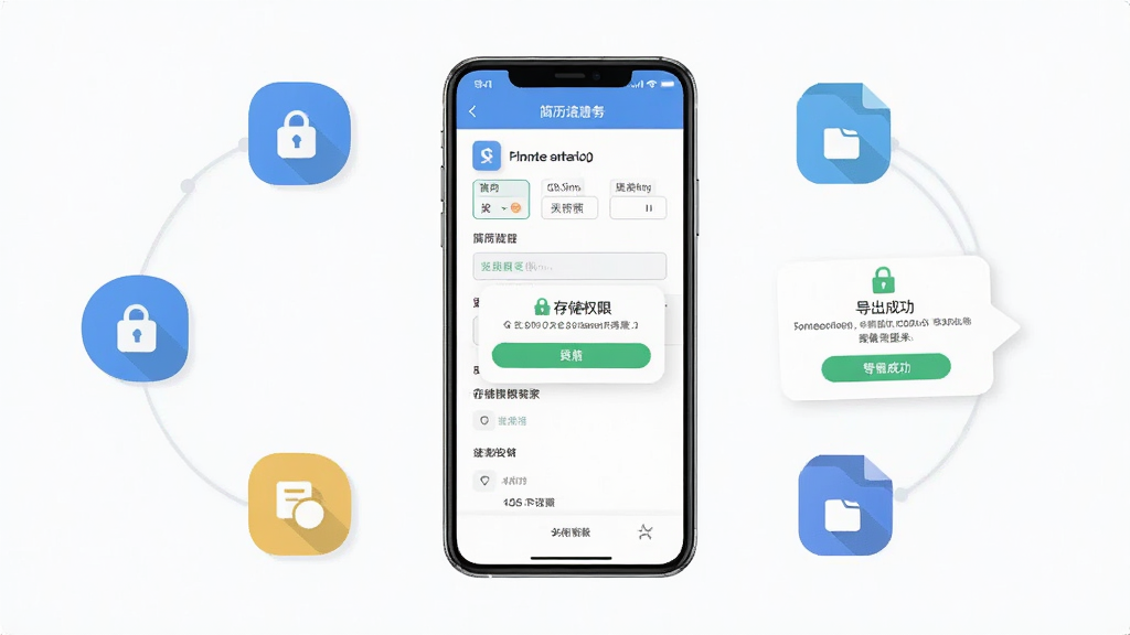 简历制作管家移动端操作示意图,画面为手机屏幕展示简历填写页面,旁边配有存储权限弹窗与导出成功提示,整体布局为手机居中、周围环绕权限图标与文件图标,风格扁平化,配色清爽,细节清晰,画质干净,无多余元素