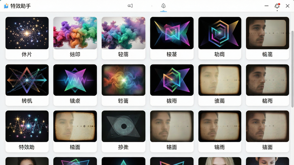 一张展示“特效助手”素材库界面的图片,画面中排列着多行特效缩略图卡片,包括闪烁的星光粒子、彩色烟雾、几何转场和复古滤镜等,每张卡片下方标注特效名称,整体采用网格布局,风格清新明亮,细节丰富,画质清晰,干净无多余元素