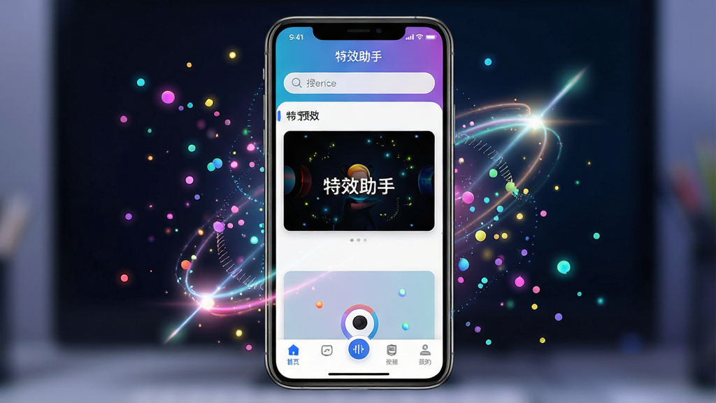 一张展示手机屏幕的图片,画面中央是“特效助手”软件的主界面,界面布局包含顶部搜索栏、中部特效预览窗口和底部功能导航栏,周围环绕着漂浮的彩色粒子与光效元素,整体风格为现代科技感UI设计,细节清晰,色彩鲜明,画质高清,干净无多余元素