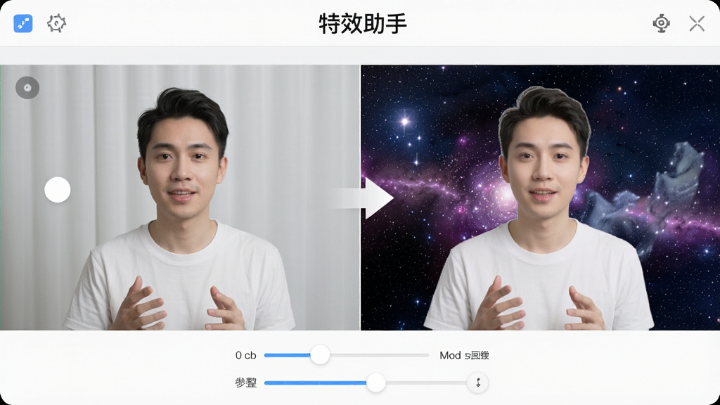 一张展示“特效助手”智能抠像功能的图片,画面左侧为原始人物视频帧,右侧为抠像后人物置于星空背景的效果对比,中间有箭头指示处理流程,界面带有参数调节滑块,风格简洁专业,细节清晰,画质高清,干净无多余元素
