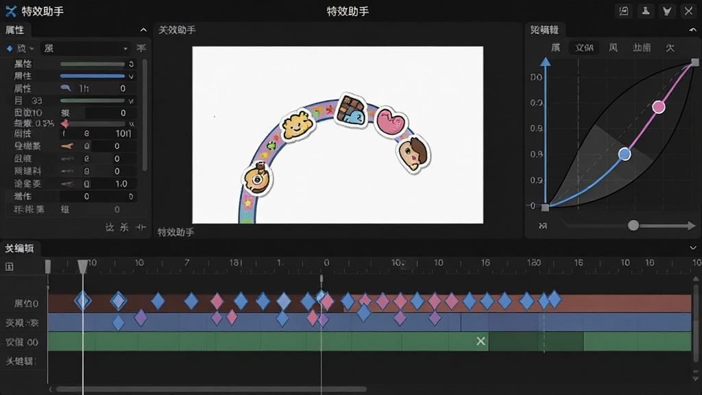 一张展示“特效助手”关键帧编辑界面的图片,画面中时间轴上分布着多个菱形关键帧标记,上方预览窗口显示一个卡通贴纸沿曲线路径移动,界面包含属性参数面板和曲线调节区域,风格直观易用,细节清晰,画质高清,干净无多余元素