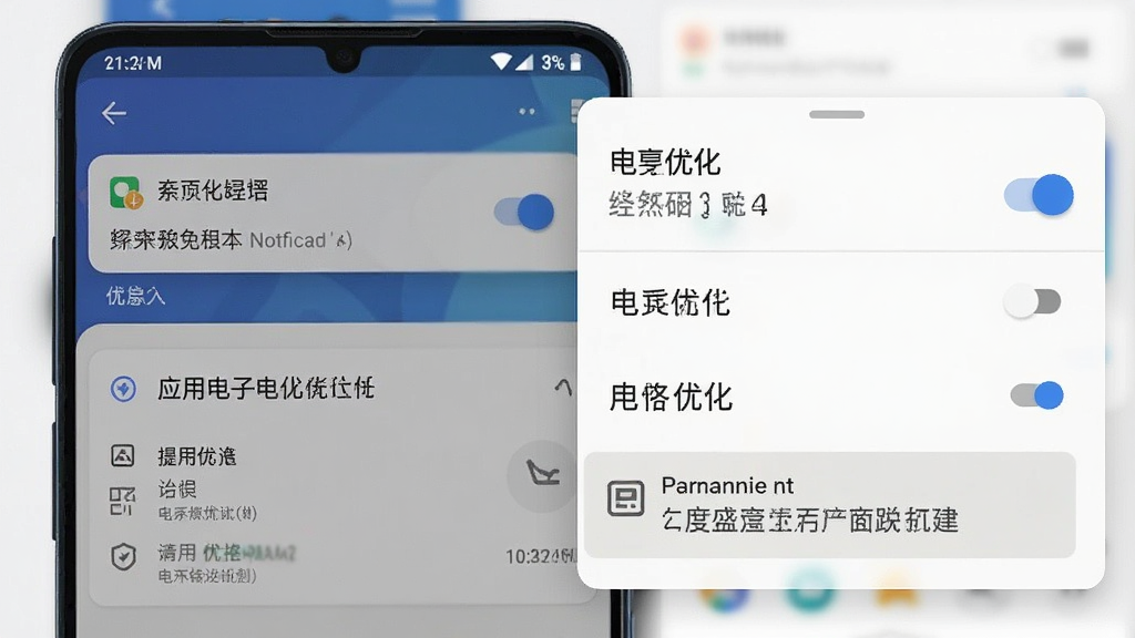 主体为手机屏幕与设置菜单浮层组合,屏幕显示安卓系统通知权限与应用电池优化设置页面,布局为手机居中偏左、右侧悬浮权限开关面板,排版清晰分层,风格为扁平化系统界面风格,细节包含通知开关滑块、电池优化选项与权限提示条,画质干净锐利,无多余装饰元素