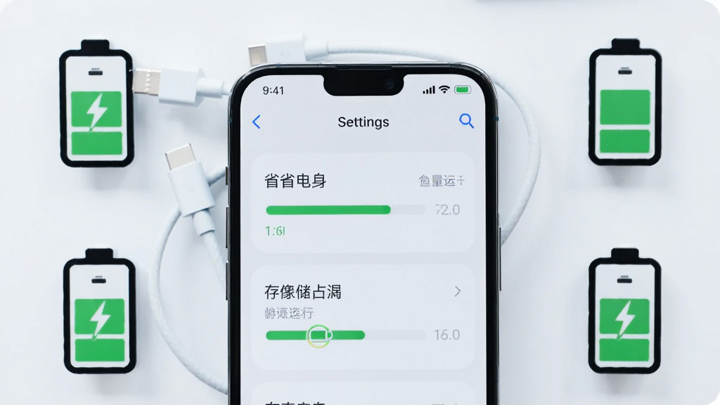 主体为手机与充电线、电池图标组合的静物构图,手机屏幕显示应用设置页中的省电与存储占用面板,布局为手机居中、图标环绕,排版突出中心主体,风格为清新浅色科技感,细节包含绿色电量条与轻量运行状态标识,画质干净通透,无杂乱背景元素