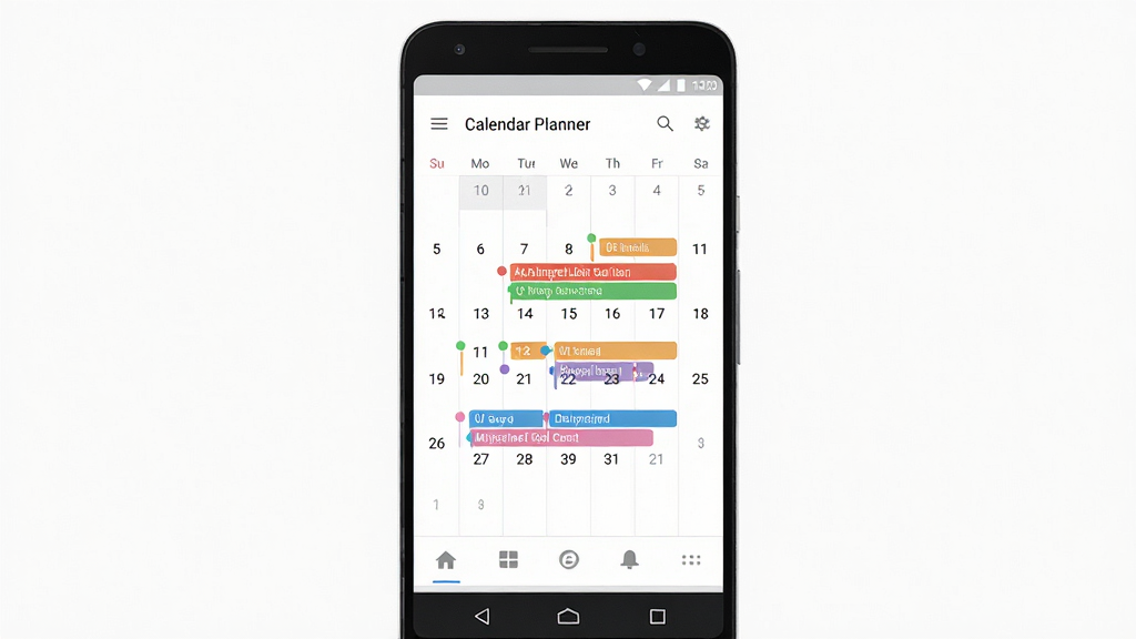 aCalendar Planner����������չʾ������Ϊһ����׿�ֻ�������������Ļ�ڳ��ּ���������ͼ���ɫ�ճ���Ŀ�����־��жԳƣ��Ű��������׳��㣬���Ϊ�ִ���ƽ��UI��ƣ�ϸ�ڰ����������֡���ɫԲ������ײ������������ʸ�������������ɾ��޶���Ԫ��