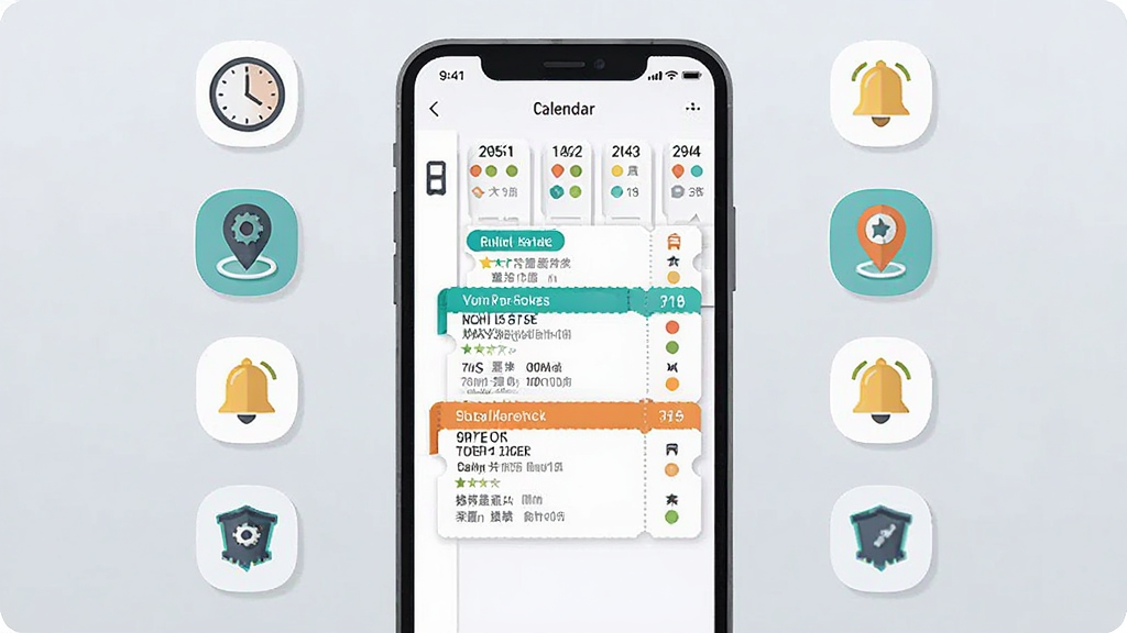 一张AI生成的功能示意图,画面中央是手机屏幕显示行程日历与车票卡片,周围环绕时钟、定位、提醒铃铛等小图标,布局对称有序,风格扁平化设计,细节包括日期标签与状态圆点,画质高清,干净简洁