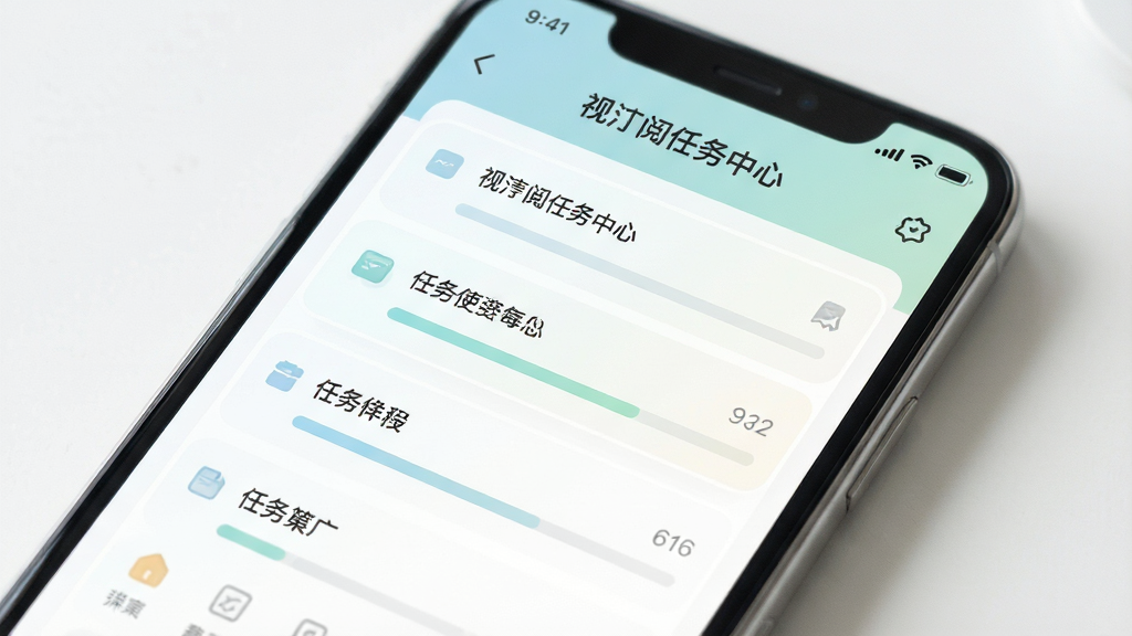 视汀阅任务中心页面特写,手机屏幕显示任务列表与进度条,界面配色柔和,布局规整,风格清新简约,细节清晰,画质干净高清,无多余元素