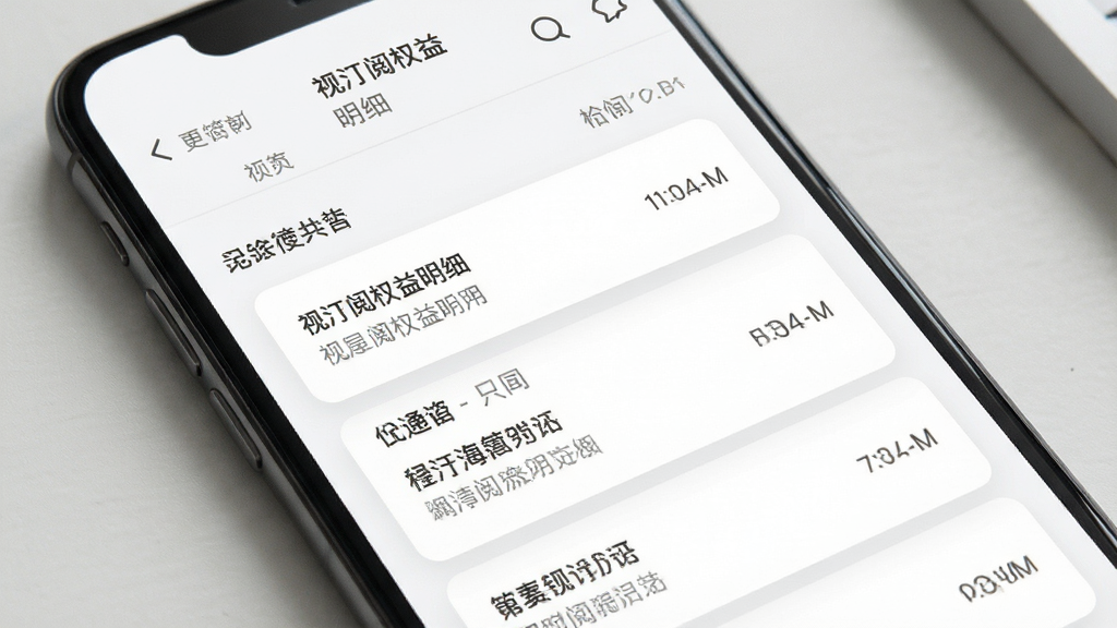 视汀阅权益明细页面展示,手机屏幕呈现记录列表与时间标注,界面采用卡片式布局,风格素雅干净,细节清晰,画质高清,无多余元素