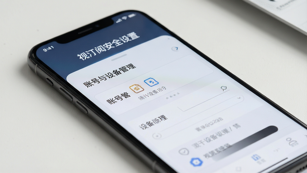 视汀阅安全设置页面,手机屏幕显示账号与设备管理选项,界面风格稳重简洁,布局清晰,细节到位,画质干净高清,无多余元素