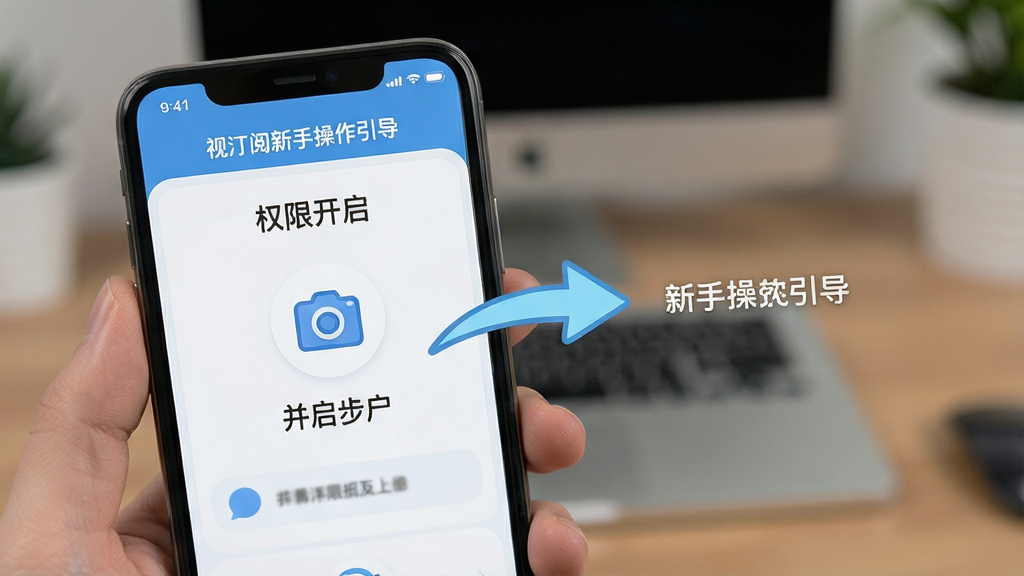 视汀阅新手操作引导页面,手机屏幕显示权限开启步骤与引导箭头,界面风格友好清晰,布局直观,细节到位,画质干净高清,无多余元素