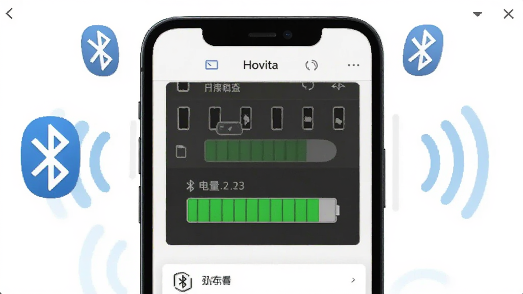 Hovita软件界面中展示蓝牙耳机连接状态与电量监控面板,画面以手机屏幕为主体,屏幕内呈现设备列表与绿色电量条,周围环绕蓝牙图标与信号波纹,风格清爽简约,画质干净,无多余元素