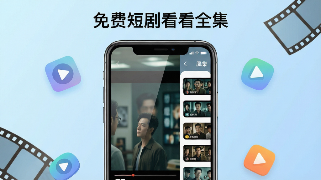 主体为一部智能手机居中展示,屏幕内呈现免费短剧看看全集APP的播放界面,包含竖屏短剧画面与剧集列表侧栏;布局采用手机主体占画面中央百分之六十,背景为柔和的浅蓝色渐变并点缀悬浮的播放按钮与胶片元素;排版简洁,顶部留白放置软件名称文字