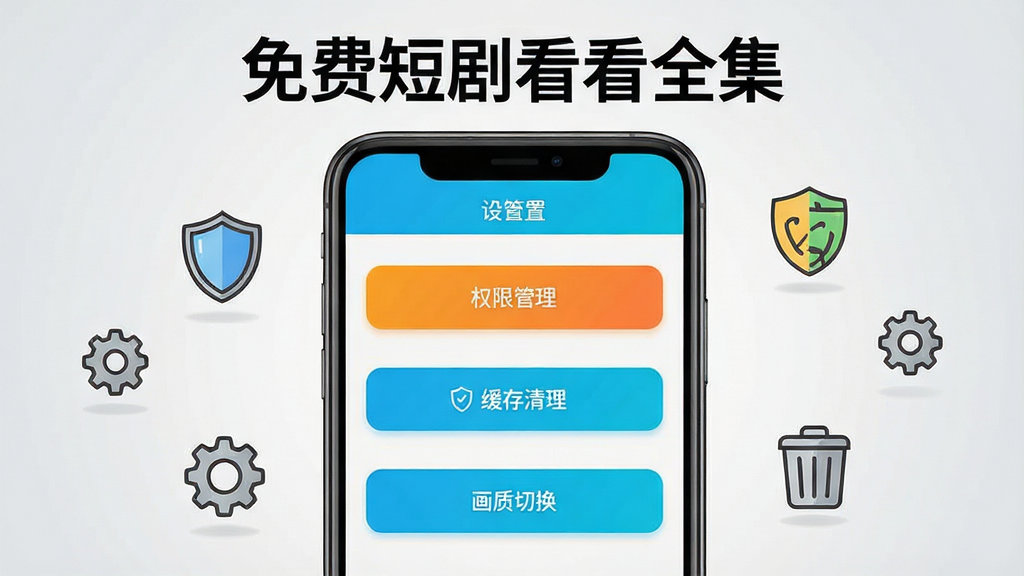 主体为一部手机屏幕显示免费短剧看看全集APP的设置界面,包含权限管理、缓存清理、画质切换等选项按钮;布局为手机正面居中,周围环绕齿轮、盾牌、垃圾桶等小图标;排版顶部放置