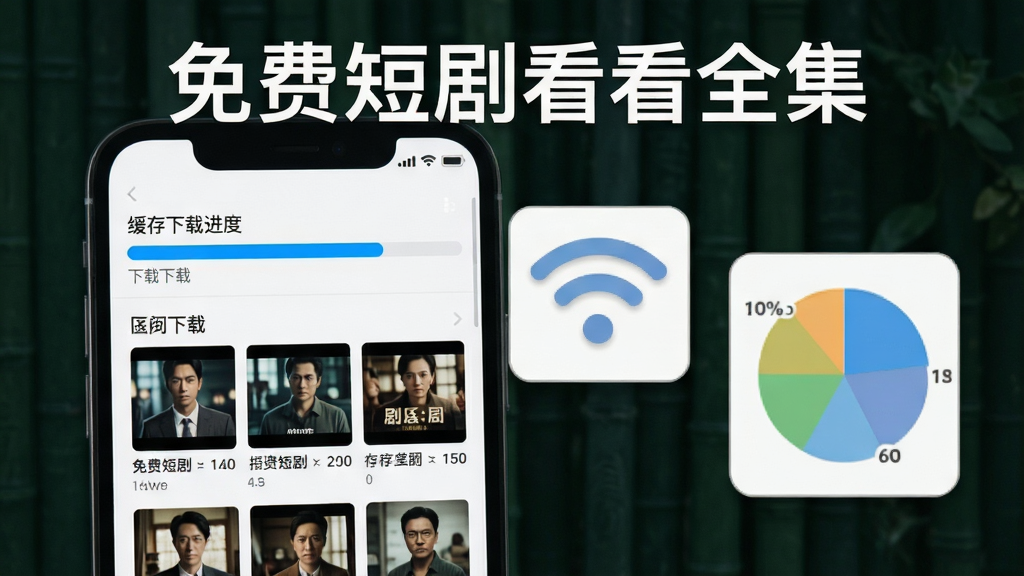 主体为一部手机屏幕内显示缓存下载进度条与已下载剧集列表,旁边悬浮一个WiFi信号图标与存储空间示意图;布局为手机偏左、图标偏右的均衡构图;排版上方放置