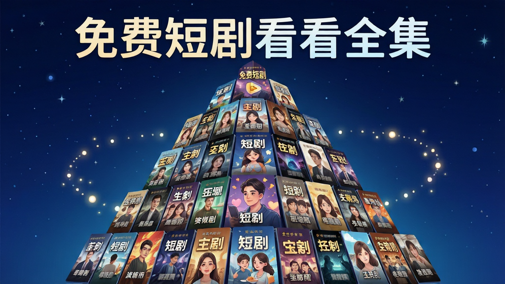 主体为一座由无数竖屏短剧封面堆叠而成的金字塔形资源库,每张封面展示不同题材的短剧画面;布局为金字塔居中,四周有光点环绕;排版上顶部放置
