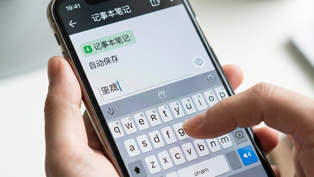一张表现“记事本笔记”快速录入场景的预览图,画面主体为一只手握持手机,屏幕显示正在输入文字,键盘上方有“记事本笔记”标题栏和自动保存提示,布局为竖屏特写,风格生活化写实,细节包括手指动作和屏幕反光,画质明亮干净