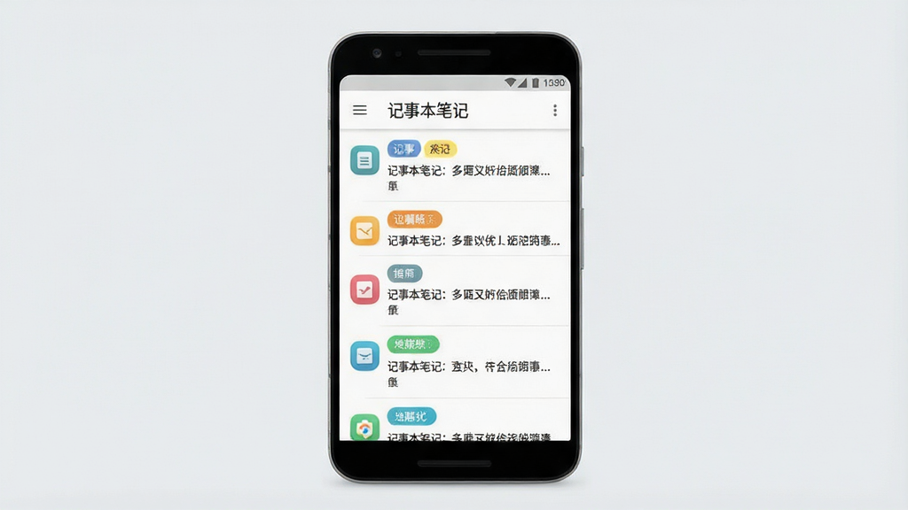 一张展示“记事本笔记”手机应用主界面的预览图,画面中央是一部竖屏安卓手机,手机屏幕上显示简洁的记事本列表页面,顶部有“记事本笔记”字样,列表项包含彩色标签和文字条目,背景为浅灰色,布局居中对称,风格清爽现代,细节包括圆角图标和清晰的文字排版,画质干净清晰,无多余元素