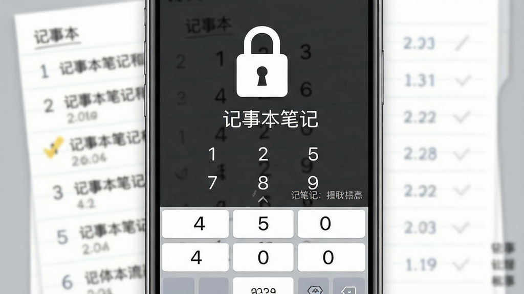 一张展示“记事本笔记”隐私锁功能的示意图,画面中央为手机屏幕显示四位数字密码输入界面,背景有模糊的笔记列表轮廓,布局突出锁形图标与“记事本笔记”名称,风格安全简约,细节包括密码键盘和提示文字,画质清晰干净