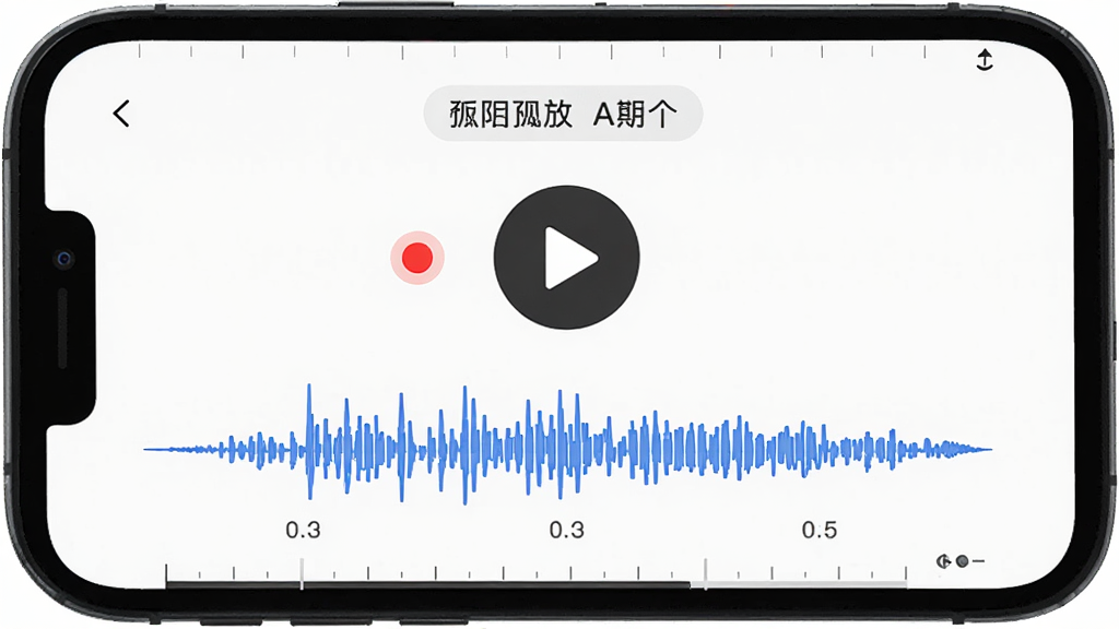 主体为手机屏幕显示录音回放界面,布局为屏幕中央有播放按钮和波形图,排版为上下结构、上方为曲目名称下方为波形,风格为简约现代风,细节包括红色录音圆点、蓝色波形线条、时间轴刻度,画质为高清、干净、无多余元素