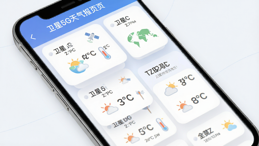 主体为“卫星5G天气报”多城市管理页面,布局为手机屏幕内纵向排列多个城市卡片;排版上卡片等距分布、顶部为城市名称、下方为温度与天气图标;风格为柔和圆角卡片风;细节包括卡片阴影自然、图标简洁、文字层级清楚;画质高清、画面干净、无多余元素