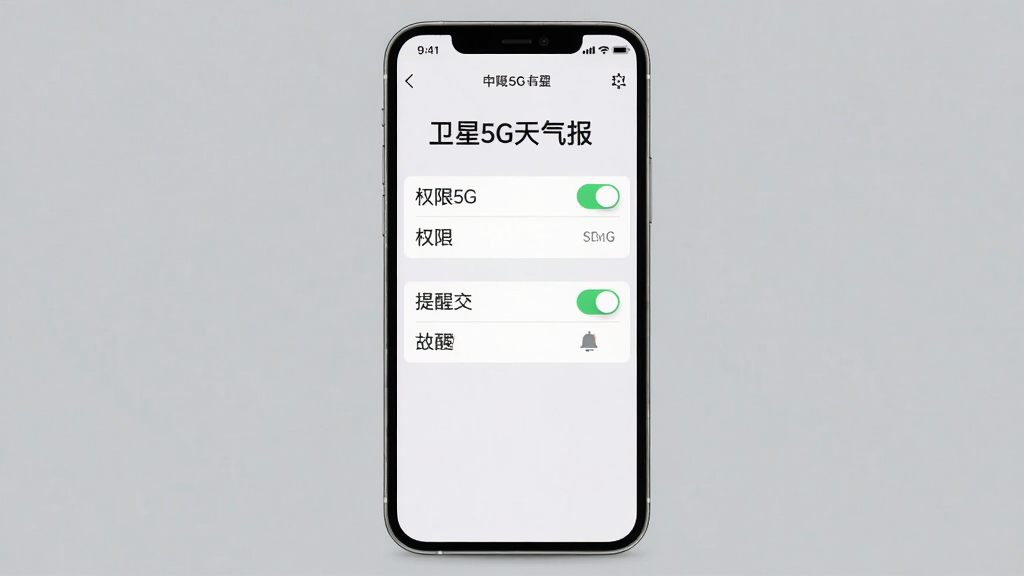 主体为“卫星5G天气报”设置页面截图风格画面,布局为手机竖屏居中,页面内展示权限开关与提醒选项;排版为上标题下选项列表;风格为简洁扁平风;细节包括开关控件清晰、文字排列整齐、背景浅灰;画质高清、画面干净、无多余元素