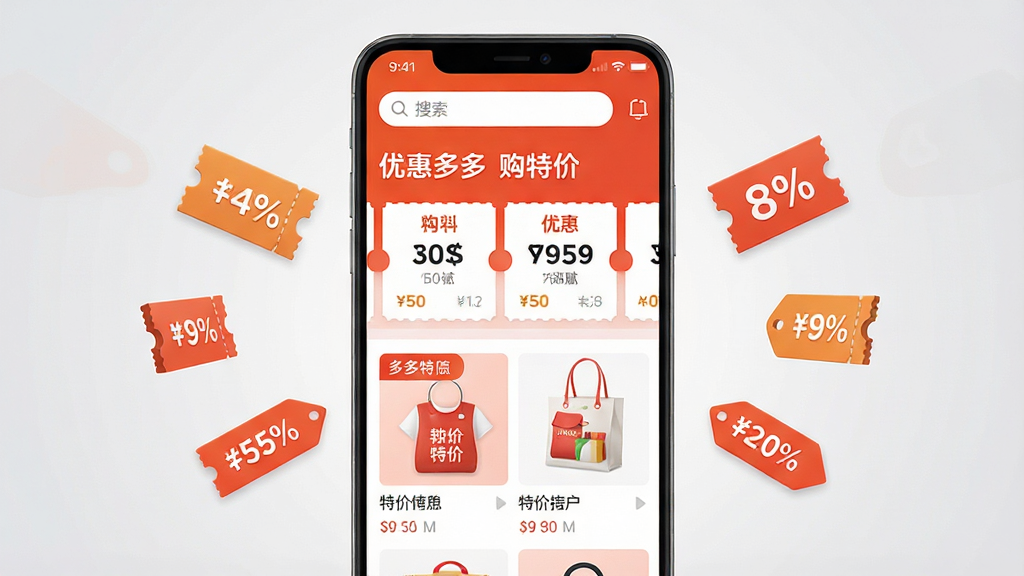 手机应用商店展示页风格,画面中央是一部竖屏安卓手机,手机屏幕上显示购物优惠券聚合界面,顶部有搜索框,中部为横向排列的优惠券卡片和特价商品缩略图,界面主色为橙红色与白色搭配,手机两侧漂浮着优惠券图标和折扣标签,背景为浅灰色渐变,整体布局居中对称,风格简洁现代,细节清晰,画质干净,无多余元素,屏幕内文字为“优惠多多购特价”