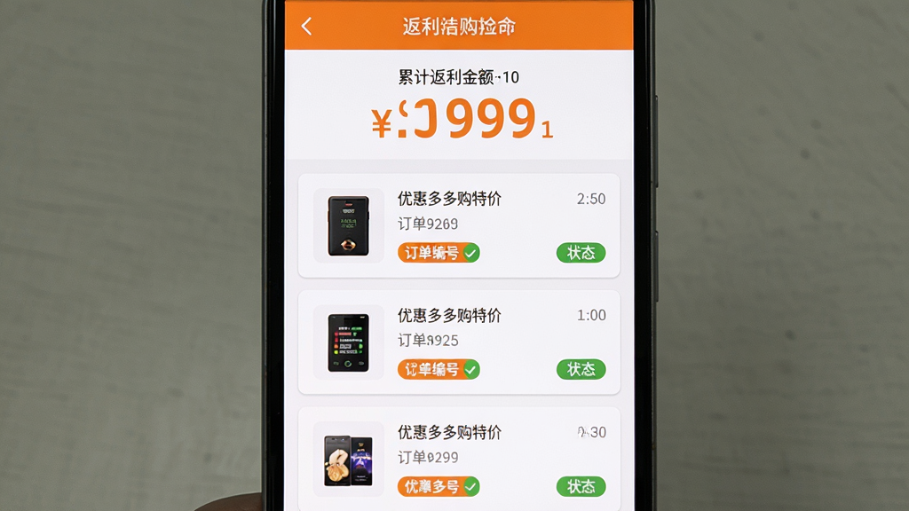手机界面截图风格,画面为一部安卓手机正面展示返利记录页面,页面顶部为累计返利金额数字,下方为纵向排列的订单记录卡片,每张卡片包含商品小图、订单编号和状态标签,配色以白色背景配橙色高亮数字,布局居中,风格干净商务,细节清晰,画质干净,无多余元素,屏幕内文字为“优惠多多购特价”