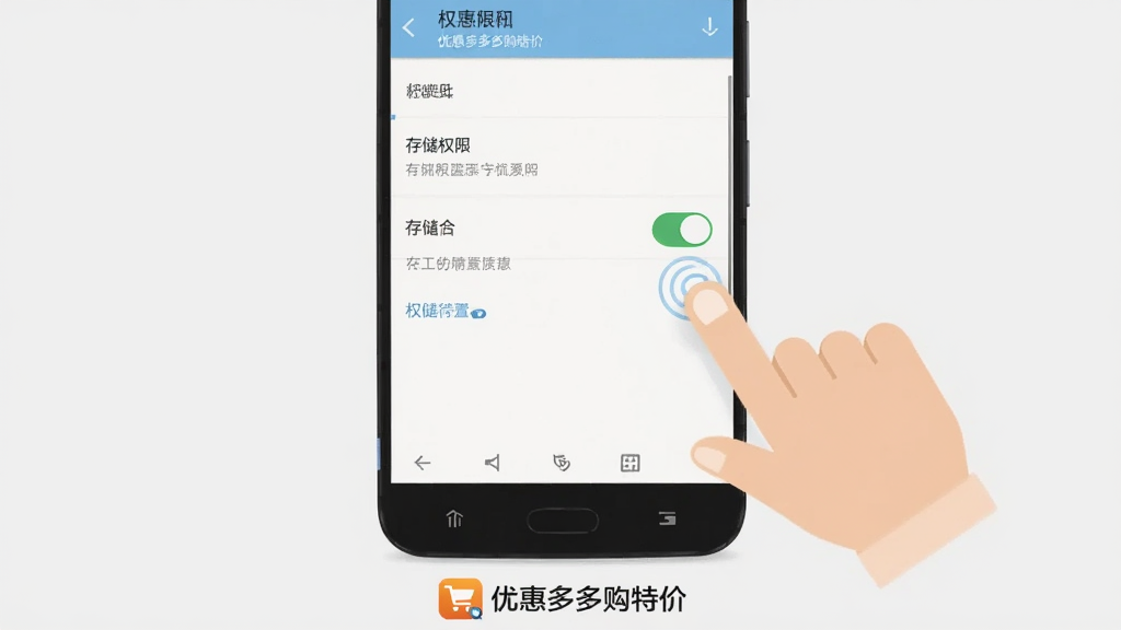 安卓手机操作示意图,画面为一部手机屏幕显示权限设置页面,页面中存储权限开关处于开启状态,旁边有手指点击示意,背景为浅灰色,手机下方有“优惠多多购特价”字样的小图标,布局居中,风格扁平简洁,细节清晰,画质干净,无多余元素