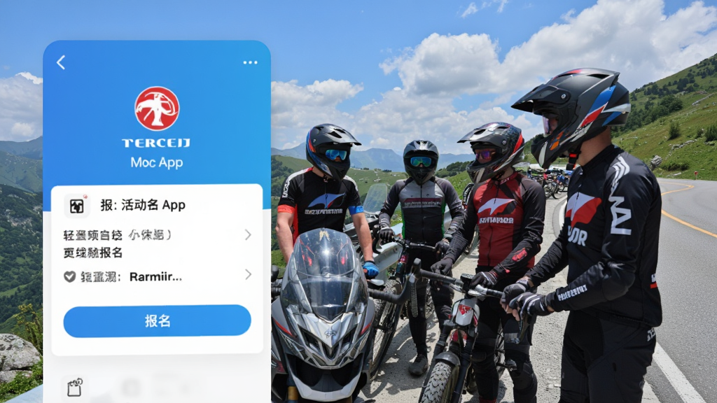 主体为一群骑行爱好者在山间公路旁集合,画面一角叠加标致摩托App活动报名界面,布局为实景照片与界面卡片叠加构图,风格为活力户外风,细节包含摩托车头盔、骑行服、蓝天白云、界面上的报名按钮,画质清晰、干净、无多余元素