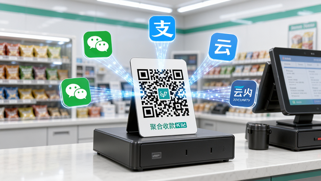 一张聚合收款二维码立于收银台中央,周围有微信、支付宝、云闪付图标以光带形式汇聚到二维码上,背景为明亮整洁的便利店收银台,风格科技感与商业感结合,细节丰富,画质高清,干净画面,无多余元素